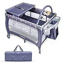COSTWAY 3 in 1 Travel Cot, Foldable Baby Playard with Bassinet, Changing Table, Toy Bar, Wheels and Carry Bag, Infants Nursery Center for Boys Girls (Grey)