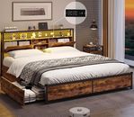 Queen LED Bed Frame with Storage Headboard Metal Platform Bed Frame with Drawers