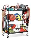 Garage Ball Storage Sports Equipment Organizer - Indoor Outdoor Basketball Racks for Balls with Baseball Bat Holder and Hooks Rolling Sports Ball Storage Cart with Wheels for Footballs Volleyball
