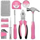 24Pcs Pink Tool Kit for Ladies and Woman, Household DIY Tool Set, Portable Tool Box Set, Essential Mini Hand Tool Box for Repairs and Maintenance at Home, Office, School, and Garage
