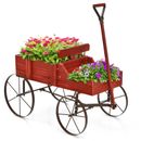 Patiojoy Wooden Garden Flower Planter Wagon Plant Bed W/ Wheel Garden Yard Red