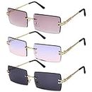 SUSSURRO 3 Pair Rimless Rectangle Sunglasses UV Protection Metal Rectangular Lens Sunglasses Cutting Lens Sun Glasses Protection Eyewear for Women and Men(one size Multi-Style02)