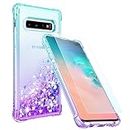 Pilaru for Samsung Galaxy S10 Plus Case [with Screen Protector] Clear Liquid Heart Glitter Soft TPU Cover Transparent Girly Protective Holographic Gel Phone Case for Galaxy S10 Plus,Teal/Purple