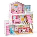 COSTWAY Puppenhaus aus Holz, Puppenstube mit 3 Etagen & 10 Möbel & 5 Zimmern, Traumhaus für Mädchen, Puppenvilla Dollhouse Spielzeug für Kinder ab 3 Jahren