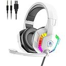 Wired Gaming Headset with Rainbow RGB Backlight Retractable Noise Isolating Microphone Stereo Sound Deep Bass Memory Foam Earmuff Over Ear Headphone for PS4 Xbox One Switch PC Mac Gamer Music (White)