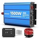 JARXIOKE 1500 Watt Pure Sine Wave Power Inverter, 12 Vdc to 110 Vdc to 120 Vdc, for Home, RV and Off-Grid Solar Systems, with 2 AC Outlets and USB Port, LCD Display, with Remote Control