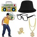 Hip Hop Costume Kit 80's Men's Rapper Accessories Oversized Rectangular Glasses Bucket Hat Gold Dollar Sign Chain Ring Necklace Inflatable Boom Box Party Favors Adult 80s Party Theme Décor