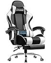 GTPLAYER Gaming Chair, Massage Ergonomic Computer Chair with Footrest and Lumbar Support Height Adjustable Gaming Chair with 360°-Swivel Seat and Headrest for Office White