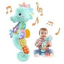 LIGHTDESIRE Baby Toys Musical Seahorse,Infant Stuffed Animal Toys with Crinkle and Rattles,Soft Sensory Toys with Textures for Tummy Time Newborn Boys Girls 0 3 6 12 Months(Blue)