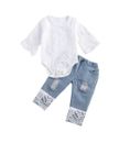 Baby Girls Summer Clothes Set Lace Hollow Out Romper + Ripped Patchwork Jeans