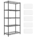 SONGMICS Kitchen Shelf, Metal Storage Rack with PP Shelf Liners, 5-Tier Wire Shelving Unit with 8 Hooks, 11.4 x 23.2 x 50.4 Inches, Height-Adjustable, for Bathroom, Pantry, Black ULGR065B01
