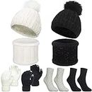 SATINIOR 8 Pieces Women Pom Beanie Winter Hats Warm Knit Skull Caps Knitted Neck Warmers Scarfs Knitted Touchscreen Gloves Socks Set (Black, White, White, Gray)