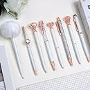 WEMATE 8PCS White Ballpoint Pens Set Metal Crystal Diamond Pen Fancy Pen for Journaling in Black & Blue Ink Pretty Cute Pens with Gifts Box for Women Girls Wedding Office Desk Supplies