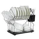 Tawdeez Dish Drying Rack Black - 2 Tier Dish Drainer Rack with Utensil Cup Holders Sink Draining Board Dish Rack and Drip Tray - Large Capacity Stainless Steel for Kitchen Countertop Saving Space