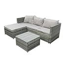 COZYBRITE Garden Corner Sofa Rattan Furniture Set 4 Seater Patio Outdoor Lounge Settee with Glass Coffee Table & Cover All-weather SFS066 (Mix Grey Rattan+Grey Cushion)