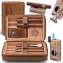 TISFA Cigar Humidor, Leather Cedar Wood Cigar Case with Cigar Lighter, V Cut Cigar Cutter, Cigar Holder 3 in 1, Portable Travel Cigar Humidor Box with Humidifier (Brown)