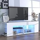 Cozy Castle TV Schrank Hochglanz für Fernseher bis zu 65 Zoll, TV Lowboard mit LED-Leuchten und Glasregal, 145x50x40cm, Weiß