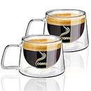 KAMEUN Glass Coffee Cups and Mugs of 2 * 200ml, Double Walled Glass Mugs with Handles, Hot Drinking Glasses for Tea, Coffee, Latte, Cappuccino/Beverages (2pcs 200ml)