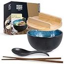 Moritz & Moritz SOLID Ramen blu reattivo con coperchio e cucchiaio nero Ramen Bowl Set per 1 persona – Per zuppa, Pho e Sushi Bowl