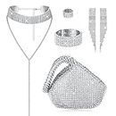 Drperfect 6 Pieces Women Crystal Jewelry Set Rhinestone Choker Necklace Stretch Bangle Bracelet Ring Dangle Fringe Earrings Triangle Glitter Bling Purse for Bridal Wedding Party