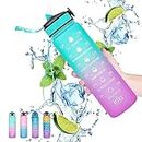 Gaiayhc Sports Water Bottle 1 L,Motivational with Time Marker and Straw,30oz Leakproof Design for Sports,Hiking,Gym,Fitness,Outdoor,Cycling,School & Office, Gradient Purple Blue