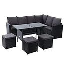 Gardeon Outdoor Table and Chairs 9 Seater Rattan Sofa Lounge Set Wicker Dining Tables Chair Setting, Patio Furniture Garden Backyard, Weather-Resistant Cushions Pillows Black with Ottoman
