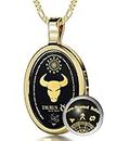 Taurus Necklace Zodiac Pendant for Birthdays 20th April to 20th May Star Sign and Personality Characteristics Pure Gold Inscribed in Miniature Details on Onyx, 18" Rolo Chain, Gemstone, Onyx