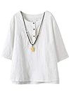 FTCayanz Women's Linen Tops Shirts Summer Casual Jacquard Tunic Blouse - White - X-Large