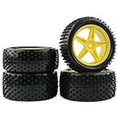 4pcs RC Front & Rear Tires and Wheels with Flange Lock Nuts Washers and Wrench RC Rubber Tires for 1/10 Off Road RC Buggy Traxxas Bandit VXL Redcat Tornado S30 EPX HSP Tamiya Kyosho HPI, Yellow