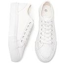 Women's Platform White Sneakers Low Top Canvas Sneakers Lace-up Shoes Fashion Classic Casual Sneakers, White, 7