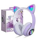 Wireless Headphones for Kids,Cat Ear LED Light Up Bluetooth Kids Headphones with Microphone for School/Travel/Sports/Gaming/Gifts/Christmas (Purple)