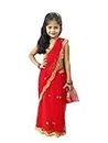 Mirraw Kids Saree, Net Border Saree for Girls, Ready to wear, Fully Stitched Saree for Kids, From 6 Months - 8 Years, Red, 6 Years