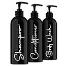 Alora Reusable Shampoo and Conditioner Bottles - Set of 3 - Matte Black - Permanent Stylish Labels - 16oz Pump Bottle Dispenser for Shampoo, Conditioner, Body Wash - Plastic Refillable Containers…