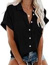 IPMQ Womens Short Sleeve Casual Button Down Shirts Summer Soft Fashion Cotton Blouses Tops with Pocket Black