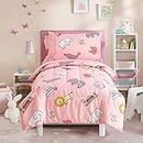 Flysheep 4 Pieces Pink Toddler Bedding Set, Elephant Lion Animals Printed for Baby Girls - Includes Quilted Comforter, Flat Sheet, Fitted Sheet & Pillow Case, Soft Microfiber