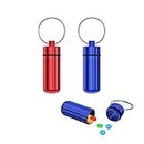 Portable Pill Case, 2 Pcs Aluminum Waterproof Small Pill Box Medicine Vitamin Holder with KeyChain for Outdoor Sports Camping Traveling(Red, Blue)