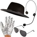 Pop Star Halloween Costume Accessory Kit with Sequin Glove, Fedora Hat, Aviator Sunglasses, Headset Microphone Prop 80s/90s Pop Singer, MJ Dance Cosplay Set, Dress Up, Roleplay, and Photo Booth Prop