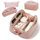 KNETAP 3 Set Makeup Bag- Large Capacity Travel Cosmetic Bag Plus Makeup Brush Holder Pouch, Open Flat Cosmetic Organizer Bag for Women, Portable PU Toiletry Bag Make Up Organizer with Handle (Pink)