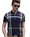 EYEBOGLER Men's Trendy Polo Neck Half Sleeves Regular Fit Checkered T-Shirt Navy Blue