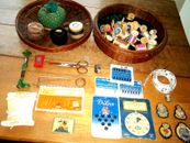 Vtg Sewing Supplies basket,Wood thread spools,Pin cushions,Notion cards,Thimbles