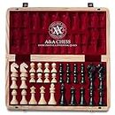 A&A 15 inch Wooden Folding Chess Set w/ 3 inch King Height Staunton Chess Pieces / 2 Extra Queens - Natural European Ash Wood w/Storage Bag