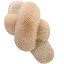 Parlovable Women's Cross Band Slippers Fuzzy Soft House Slippers Plush Furry Warm Cozy Open Toe Fluffy Home Shoes Comfy Indoor Outdoor Slip On Breathable, Camel, 9-10