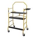 MetalTech 5 Foot High Foldable Lightweight Mobile Scaffolding Platform with Safety Rails, Fold Away Toll Shelf, and Locking Wheels, Black and Yellow