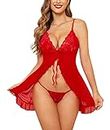 Xs and Os Lace Net Women's Open Front Ruffled Baby Doll Above The Knee Lingerie (XL, Red)