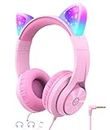iClever Kids Headphones with Cat Ear Led Light Up, Safe Volume Limite Kids Wired Headphones with FunShare Foldable Over-Ear Headphones for Kids/School/iPad/Tablet/Travel, Meow Donut-Pink