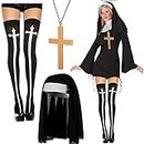 Halloween Nun Costume Accessories for Women, Catholic Nun Costume Hat Gold Cross Pendant Necklace Knee Thigh High Stockings for Halloween Cosplay Party
