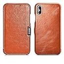 ICARER Case for Apple iPhone XS and iPhone X, Mobile Phone Case with Genuine Leather Case, Protective Flip Case, Slim Phone Case, Vintage Brown