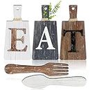 Cutting Board Eat Sign Set Hanging Art Kitchen Eat Sign Fork and Spoon Wall Decor Rustic Primitive Country Farmhouse Kitchen Decor for Kitchen and Home Decoration (Gray, White, Brown)