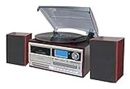TechPlay ODC128BT 3-Speed Turntable with Cassette Player/Recorder, CD,MP3 SD Card / USB Player, Digital AM / FM Radio, AUX in, Line Out Alarm Clock , Remote and External Speakers (Cherry Wood)