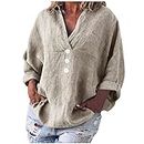 Plus Size Tops für Frauen, Langarm V-Ausschnitt Leinen Shirts Casual Lose Oversized Pullover Solid Going Out Bluse, khaki, XXL